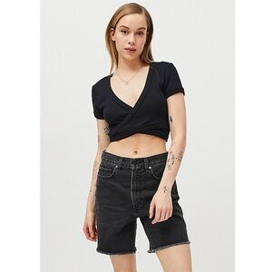 UO Urban Outfitters Karlie Waffle Wrap Top Black Short Sleeve Crop